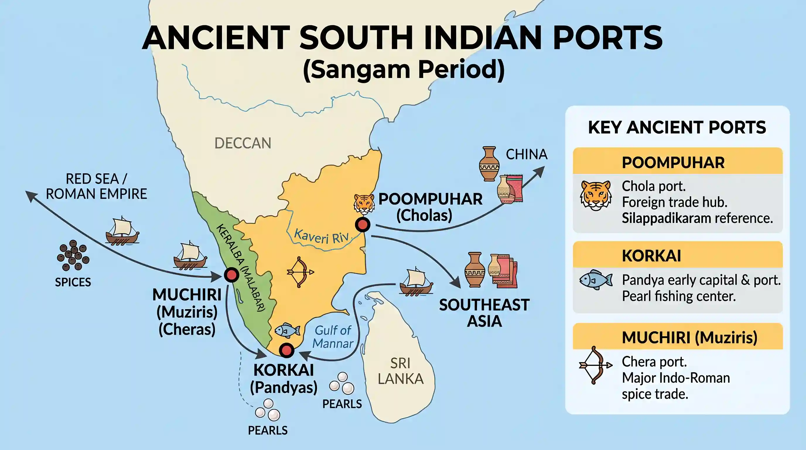 history: With reference to ancient South India, Korkai, Poompuhar and Muchiri were well known as